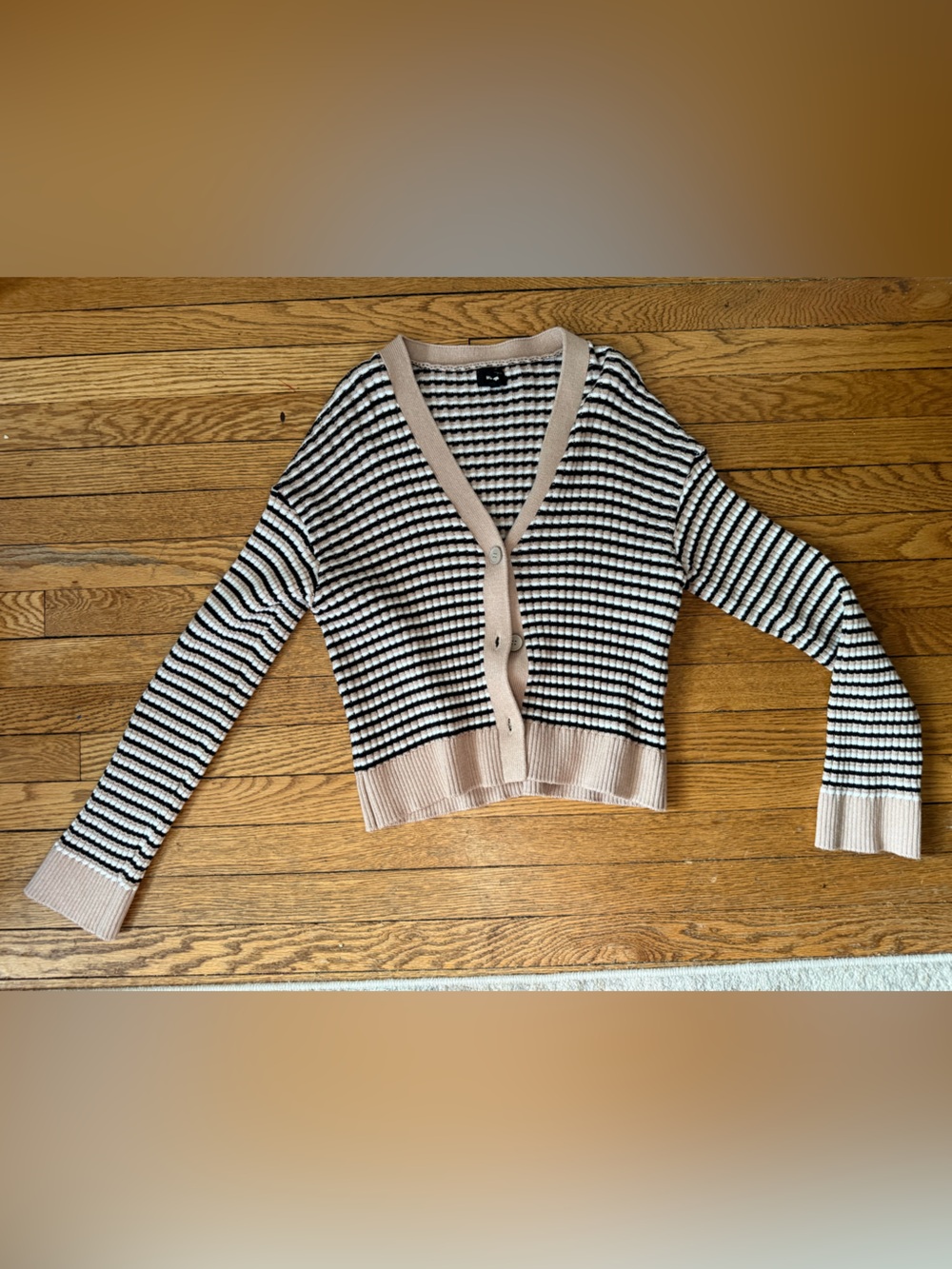 Monrow Black & Beige Striped V-Neck Cardigan - Size XS
